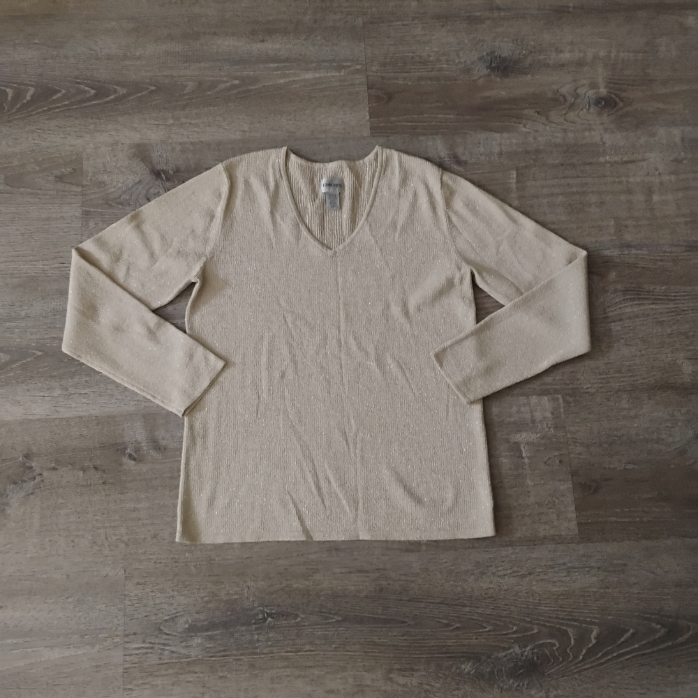 Chicco's Shimmer Metallic Knit V-Neck Sweater/Top - Beige - Size 1 (M/8)